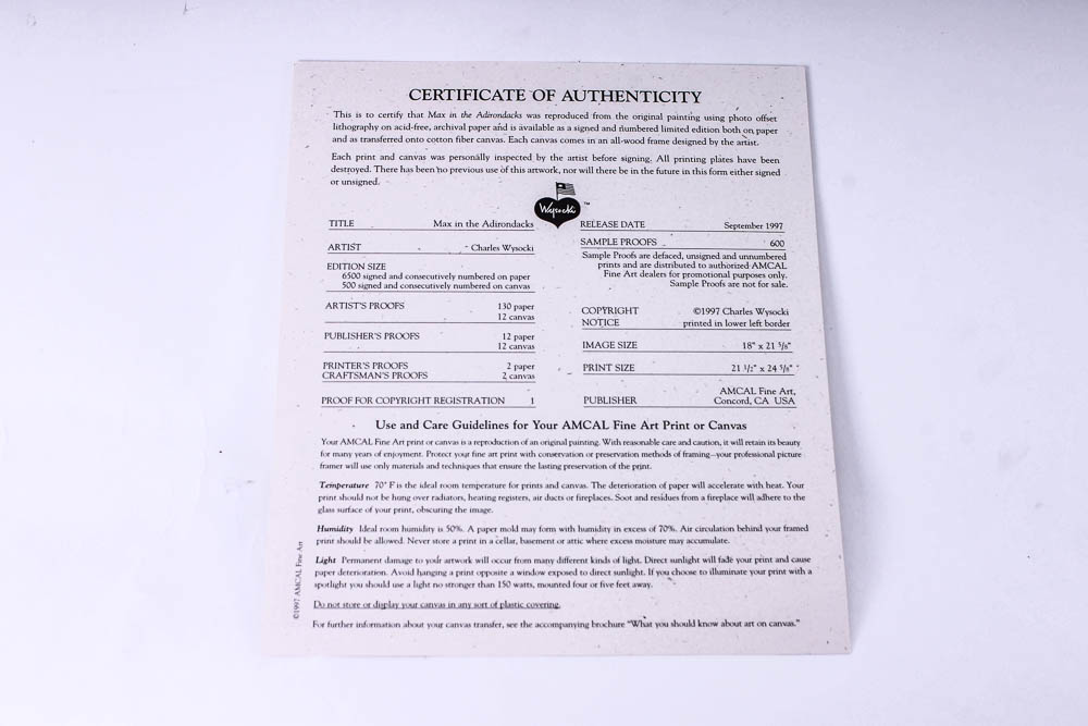 Charles Wysocki Signed and Numbered Print "Max in the Adirondacks"