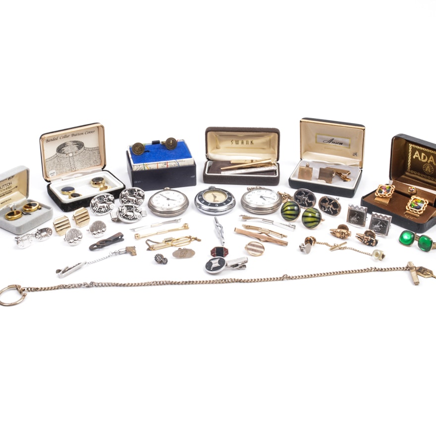 Collection of Men's Cufflinks, Tie Clips, and Pocket Watches