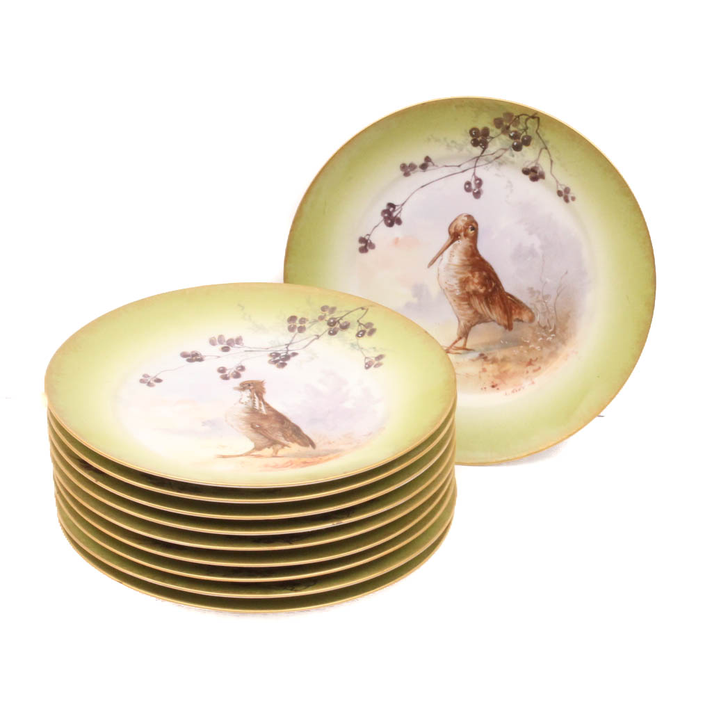 Vintage William Guerin & Co. Limoges China Plates With Hand-Painted Bird Designs