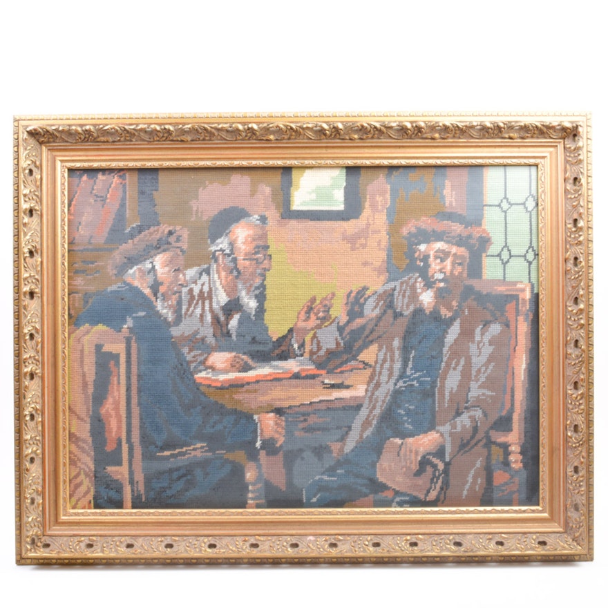 Framed Needlepoint Depicting Jewish Men At A Table