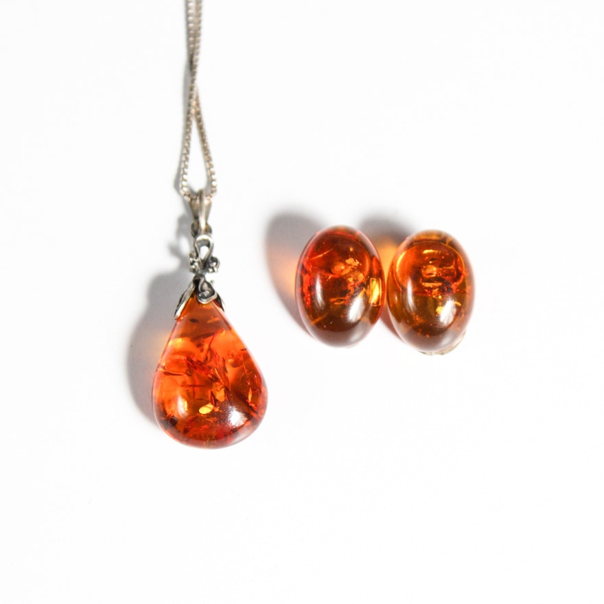 Sterling Silver and Synthetic Amber Necklace and Earrings