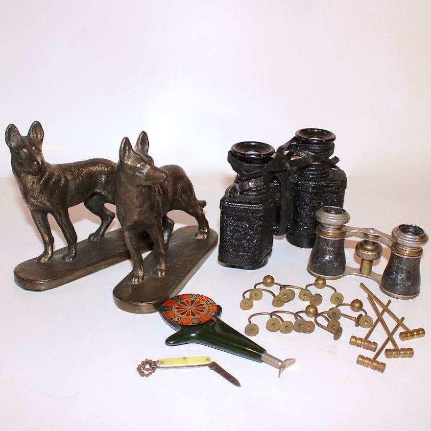 Vintage Collectibles, German Shepard Bookends, Opera Glasses