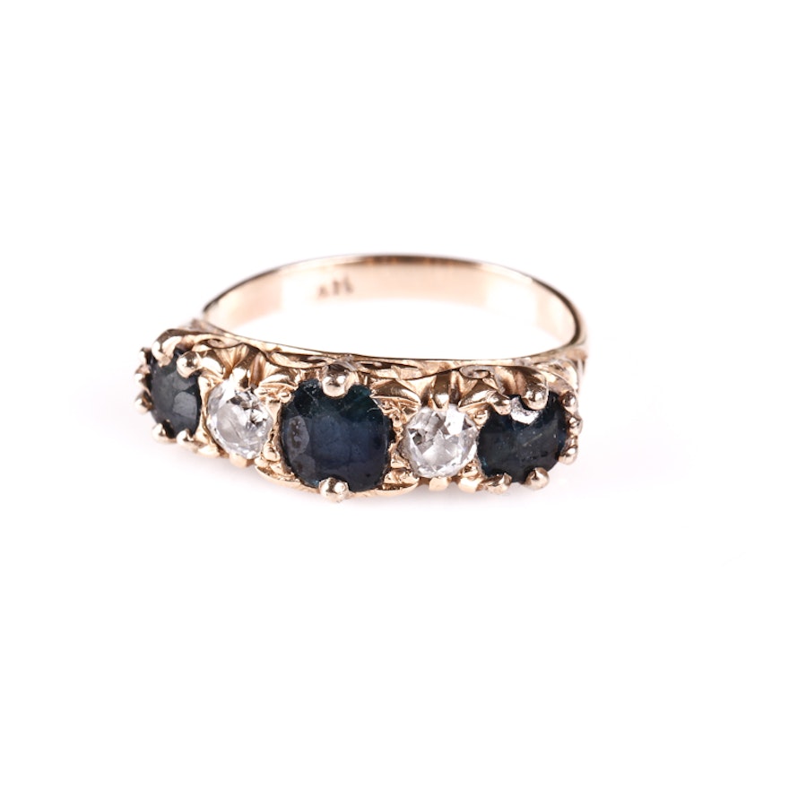 Edwardian 14K Yellow Gold, Old Mine Cut Diamond and Sapphire Ring