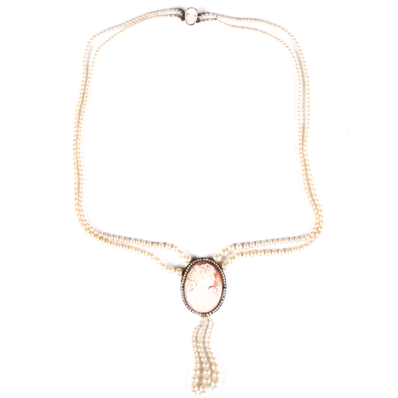 Sterling Silver, Faux Pearl, and Carved Shell Cameo Necklace