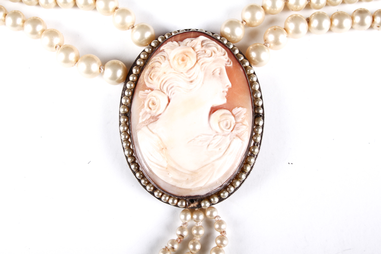 Sterling Silver, Faux Pearl, and Carved Shell Cameo Necklace