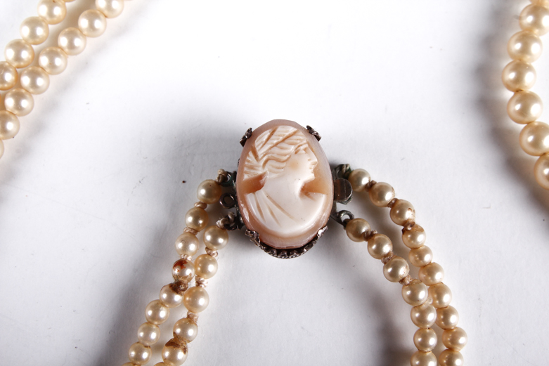 Sterling Silver, Faux Pearl, and Carved Shell Cameo Necklace