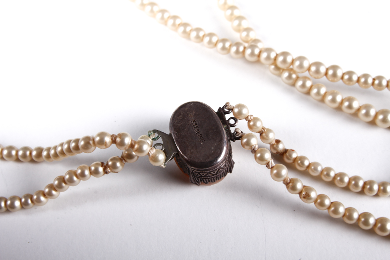 Sterling Silver, Faux Pearl, and Carved Shell Cameo Necklace