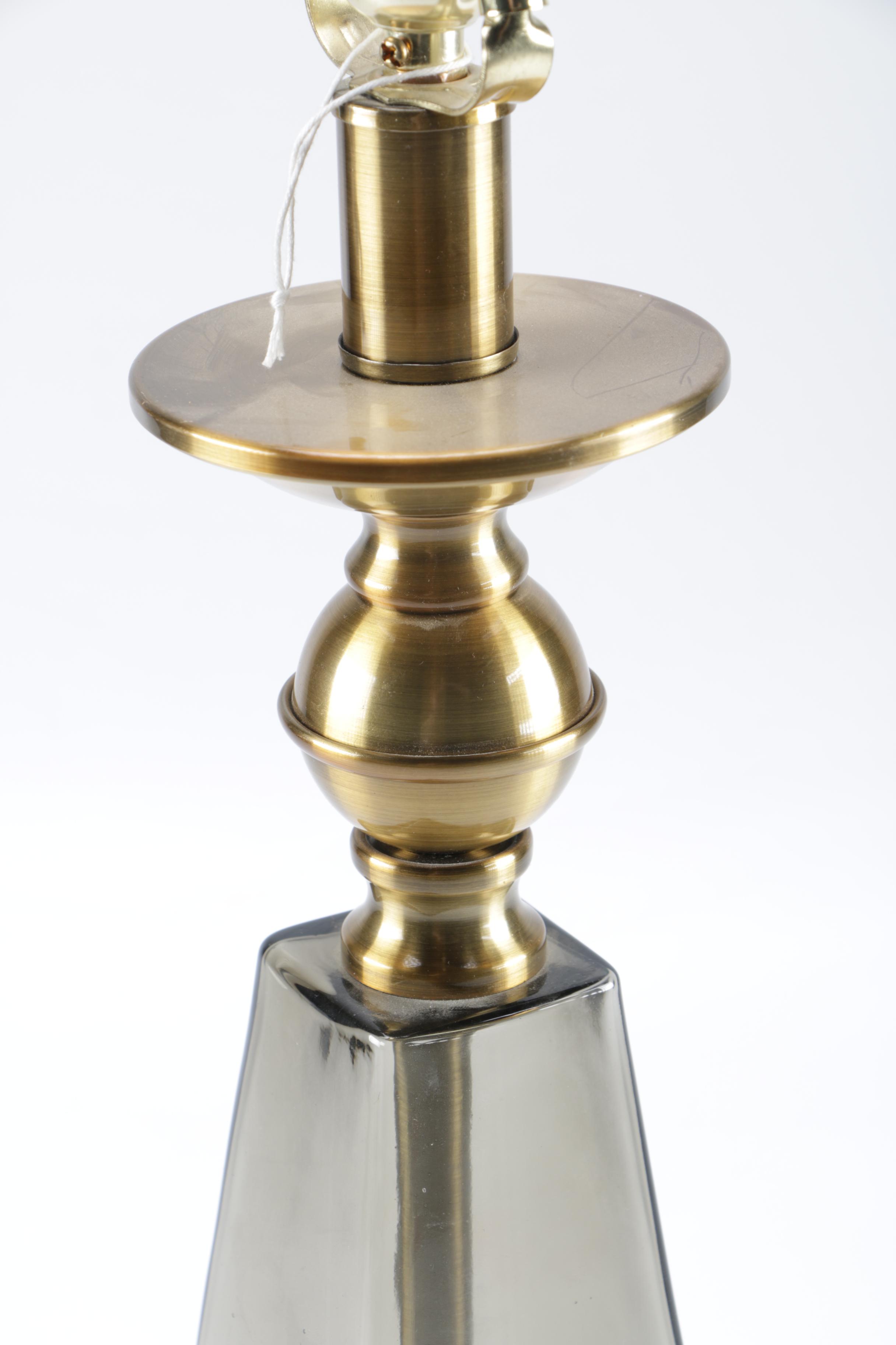 Gold Toned Table Lamp With Grey Glass