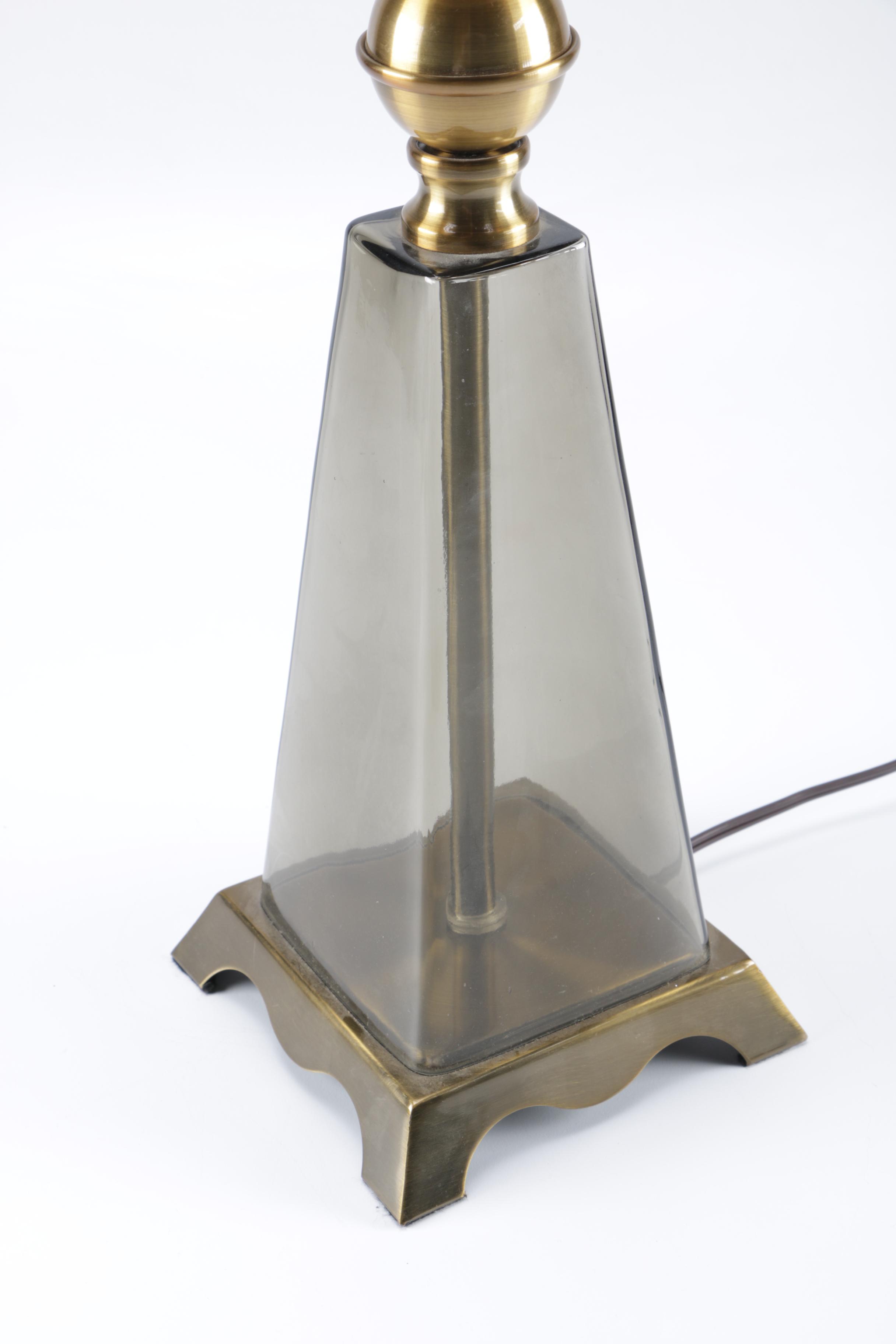 Gold Toned Table Lamp With Grey Glass
