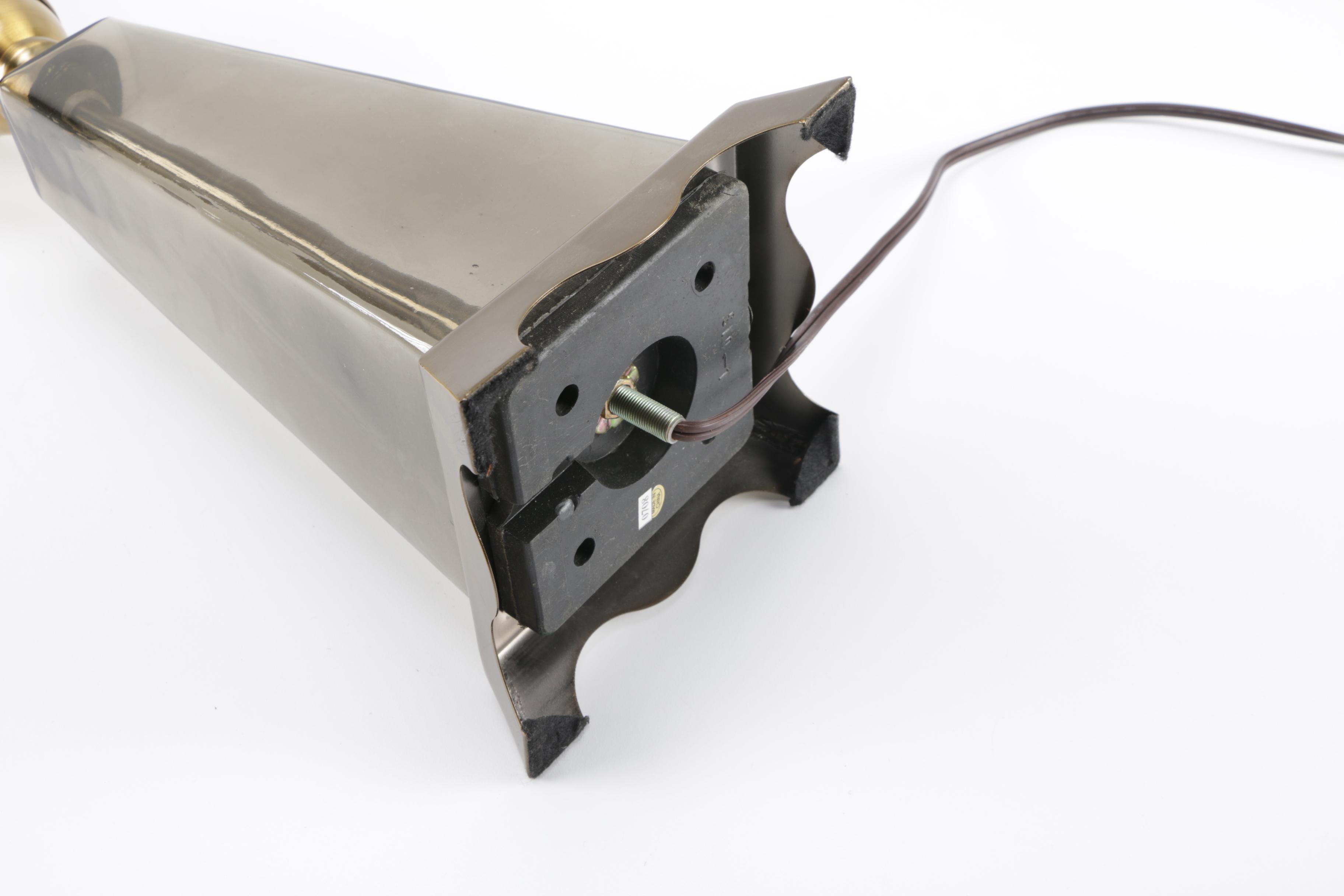 Gold Toned Table Lamp With Grey Glass