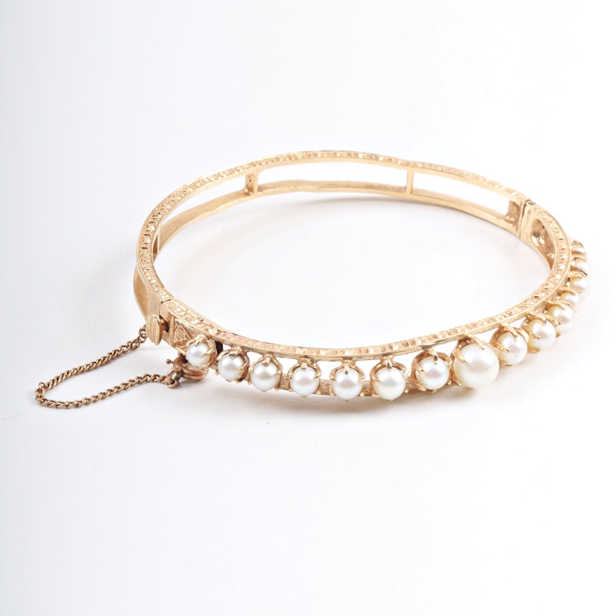 Victorian 14K Yellow Gold and Cultured Pearl Bangle Bracelet