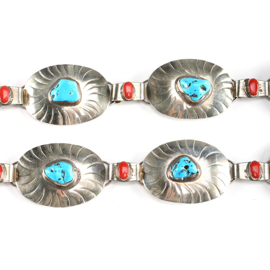 Turquoise and Carnelian Mexican Metal Belt