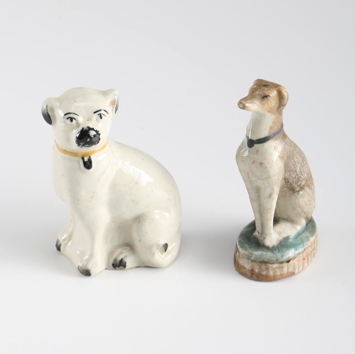 19th Century Staffordshire Miniature Whippet and Pug Dog Figurines