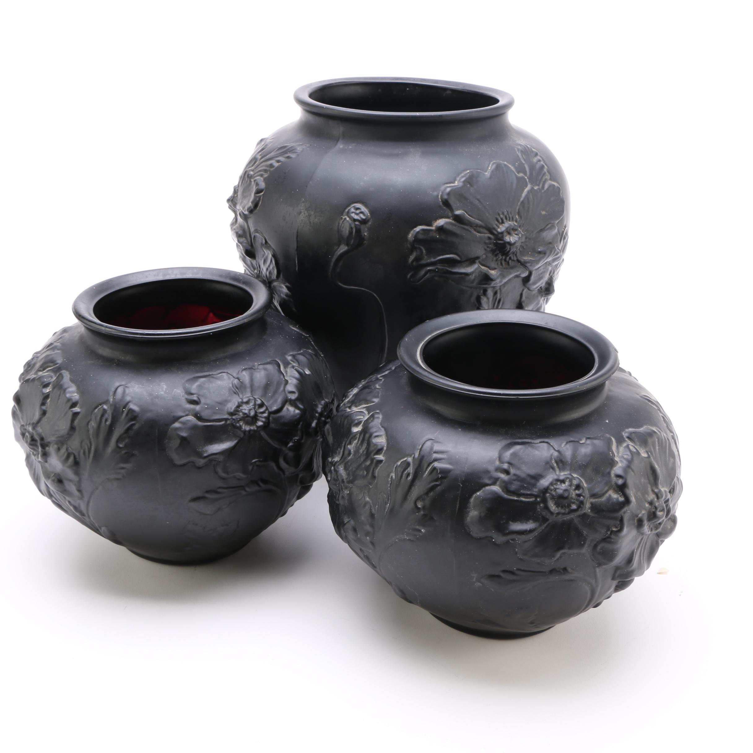 Circa 1930s Tiffin Black Glass Poppy Vases