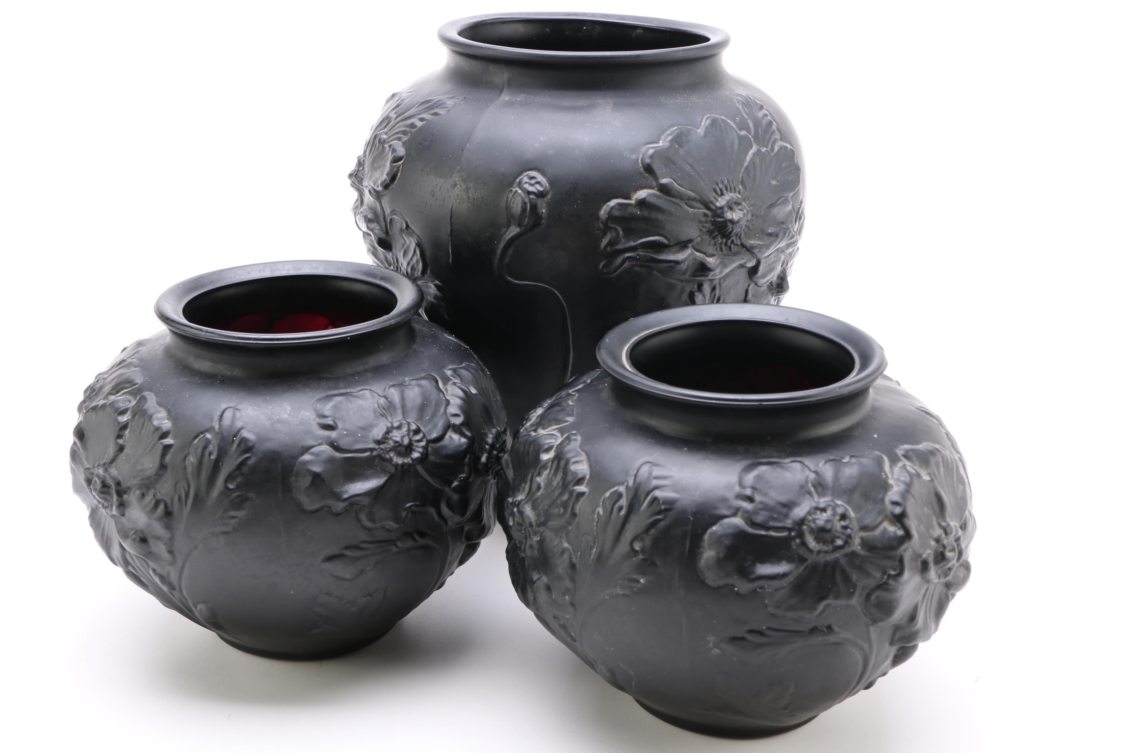 Circa 1930s Tiffin Black Glass Poppy Vases