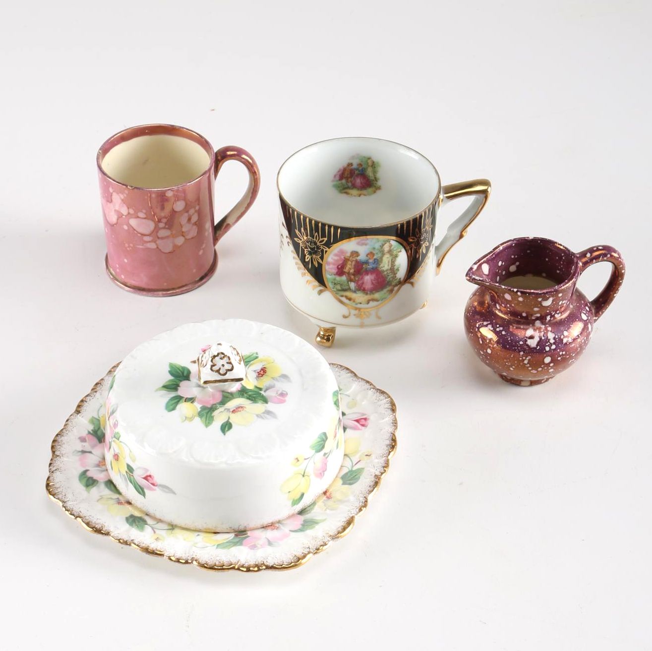 Antique Luster Decorated Earthenware Mug and Other European Pieces