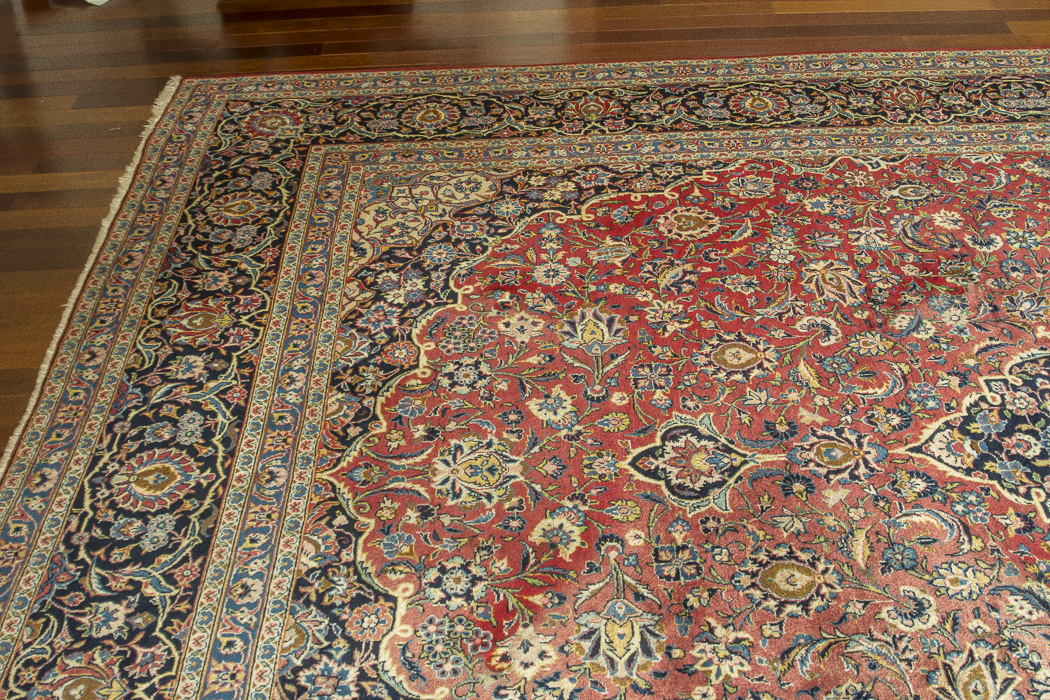 Large Hand-Knotted and Signed Kashan Wool Area Rug