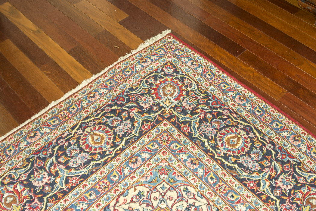 Large Hand-Knotted and Signed Kashan Wool Area Rug