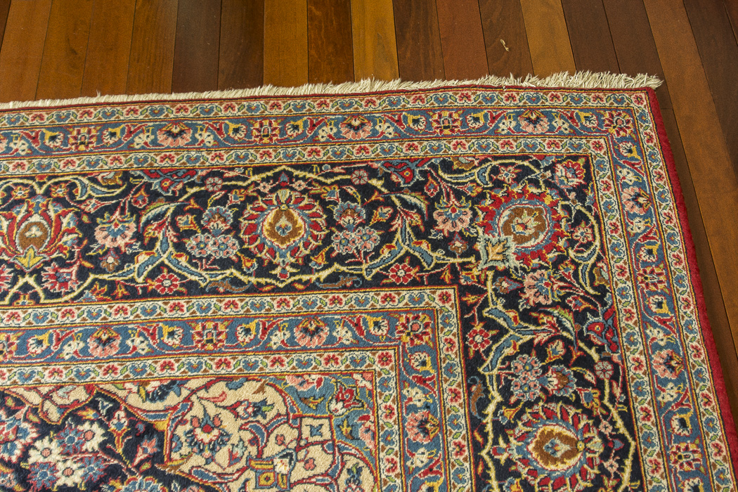 Large Hand-Knotted and Signed Kashan Wool Area Rug