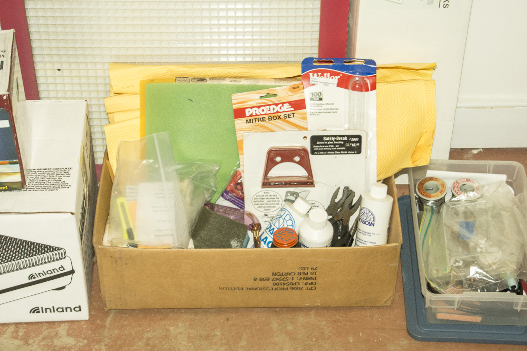 Assortment of Stained Glass Supplies and Tools