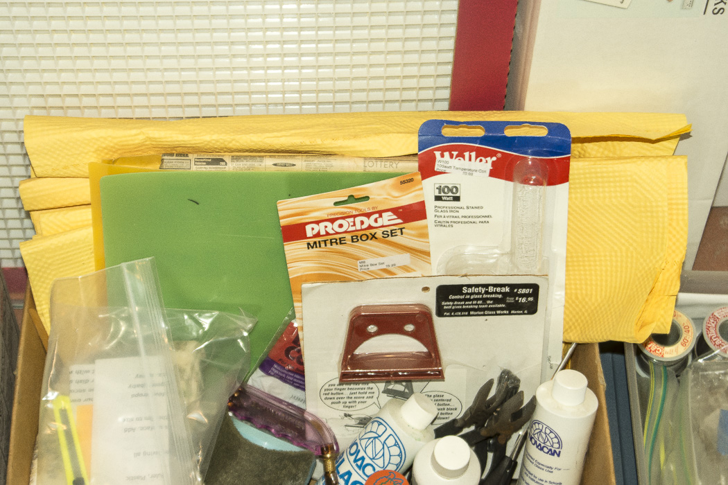 Assortment of Stained Glass Supplies and Tools