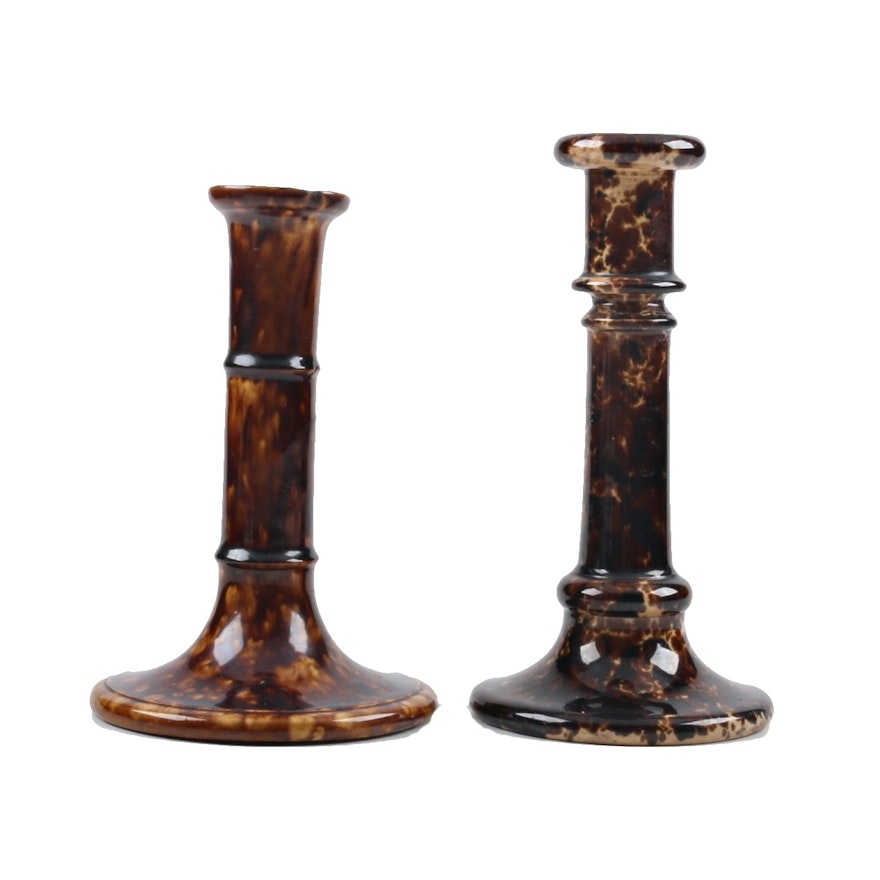 Two Mid 19th Century Bennington Candle Holders