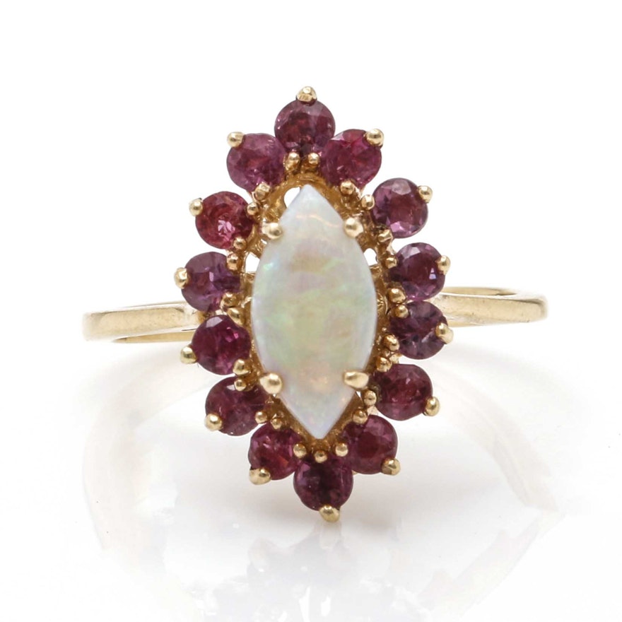 14K Yellow Gold Opal and Ruby Navette Ring
