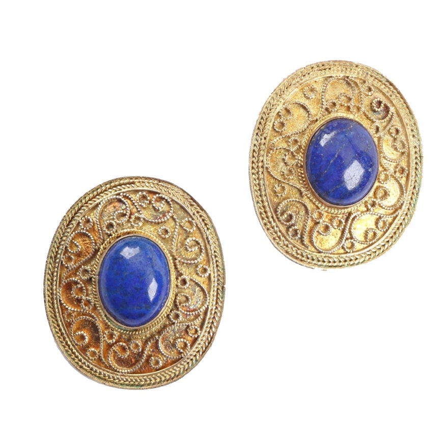 Byzantine Style Gold Wash over Sterling Lapis Earrings, Clip On