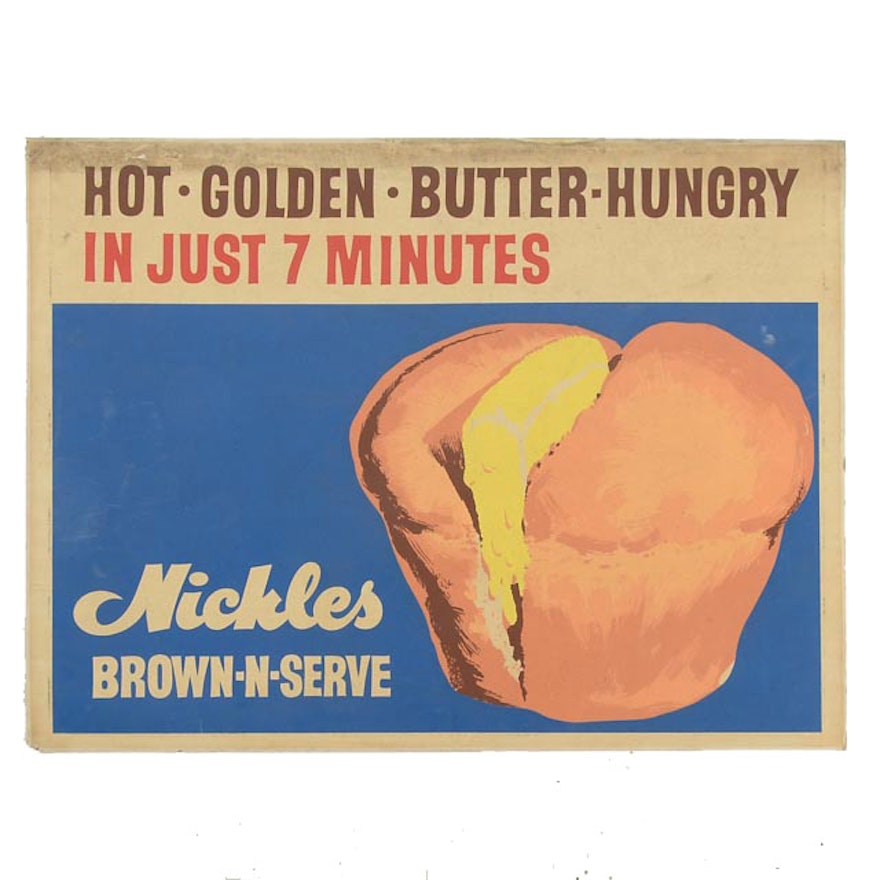 Large Original Mid-Century Serigraph Advertisement for Nickles Brown-N-Serve Dinner Rolls
