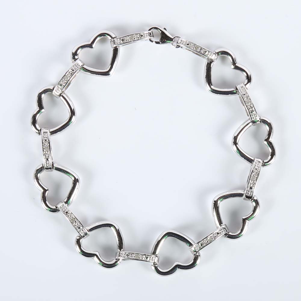 Sterling Silver Open Heart and Diamond Station Bracelet