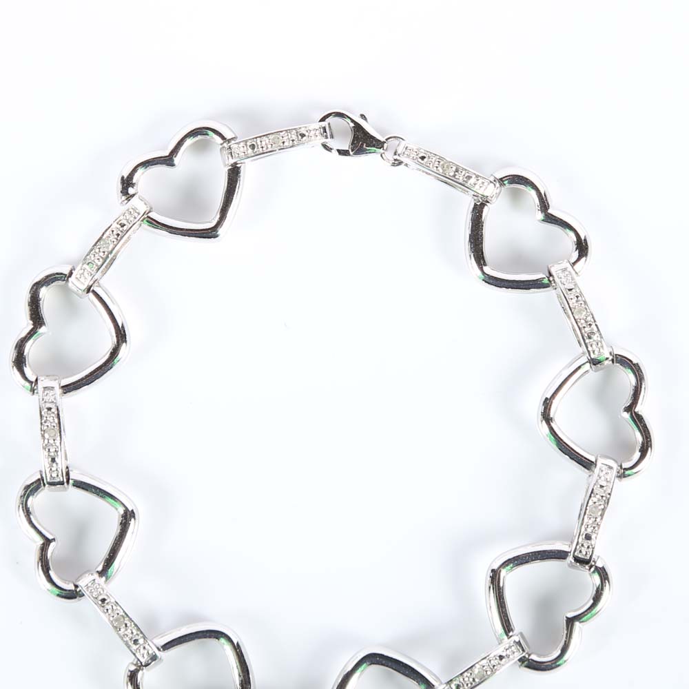 Sterling Silver Open Heart and Diamond Station Bracelet