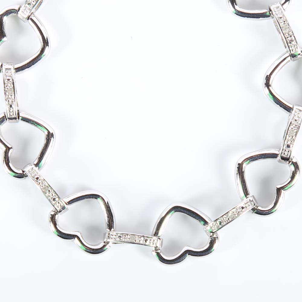 Sterling Silver Open Heart and Diamond Station Bracelet
