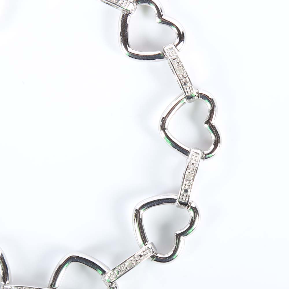 Sterling Silver Open Heart and Diamond Station Bracelet