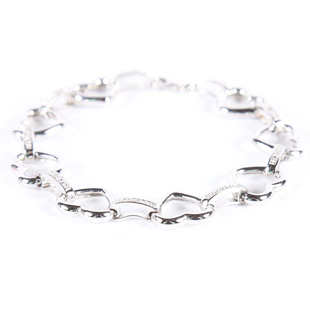 Sterling Silver Open Heart and Diamond Station Bracelet
