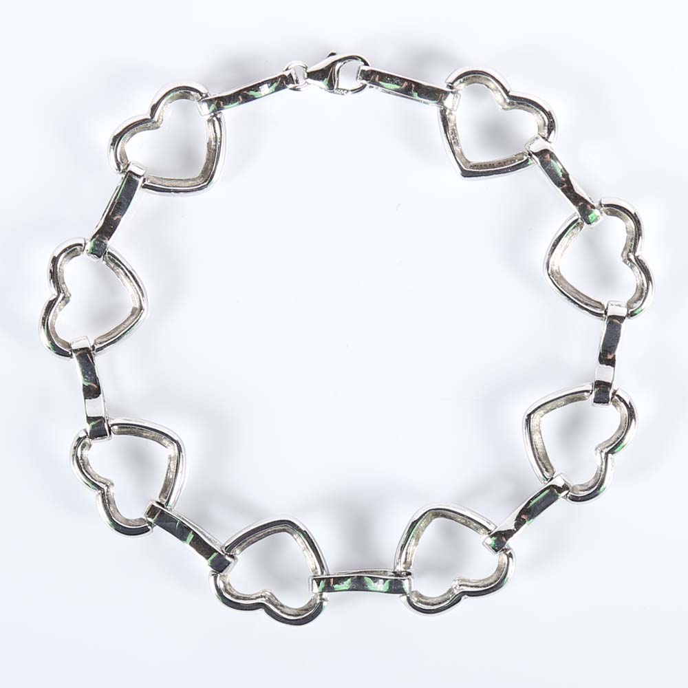 Sterling Silver Open Heart and Diamond Station Bracelet