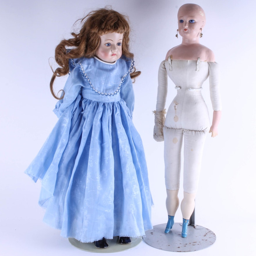Two Vintage Composition and Kid Leather Dolls