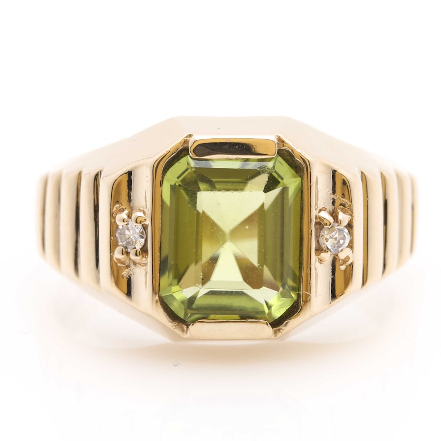 14K Yellow Gold, Emerald Step Cut Peridot and Diamond Ring