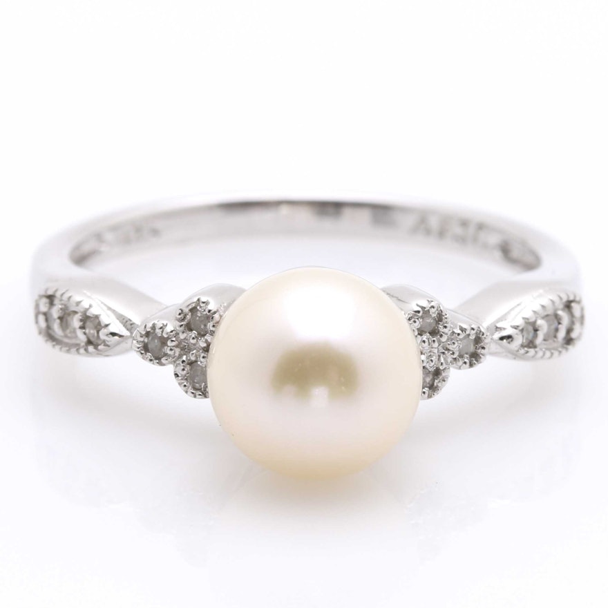 Sterling Silver Pearl and Diamond Ring