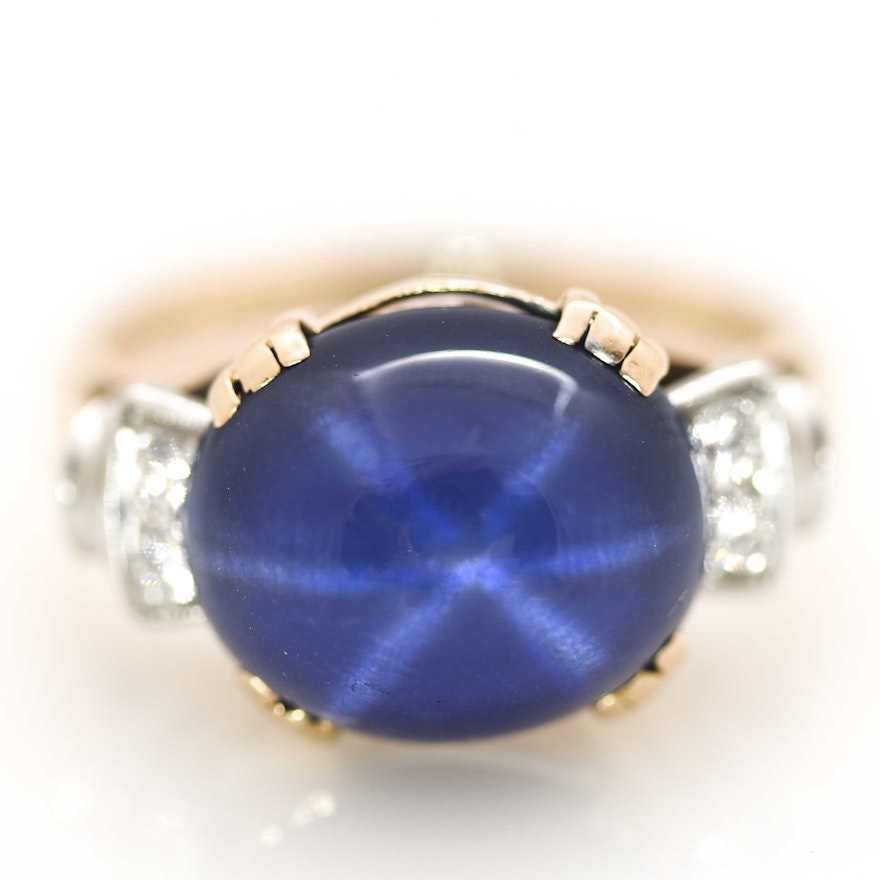 14K Yellow Gold and Platinum Blue Star Sapphire and Diamond Ring