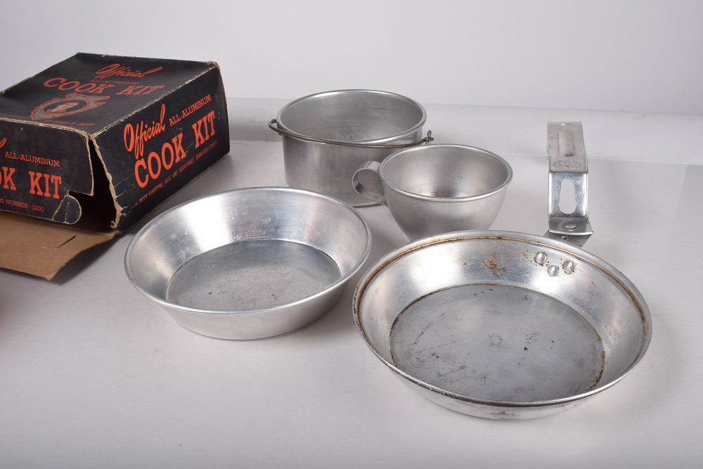 Vintage Boy Scouts of America Aluminum Cook Kits and Match Holder