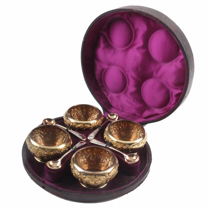 Antique Gold Plated Salts and Spoons in Purple Presentation Case