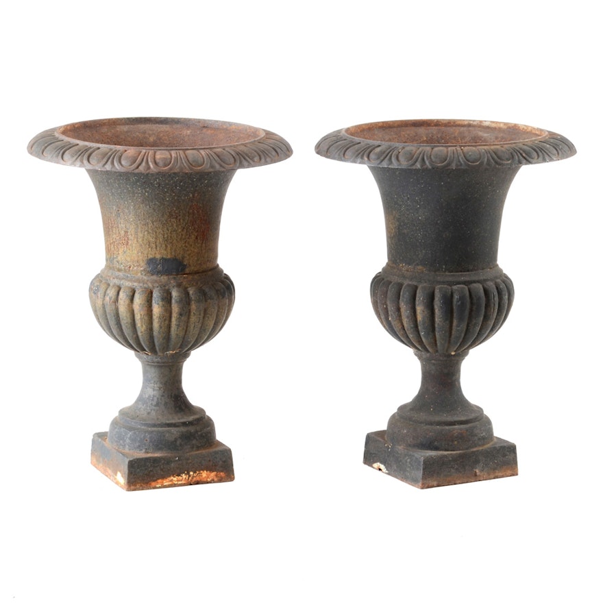 Pair of Vintage Cast Iron Urn Planters