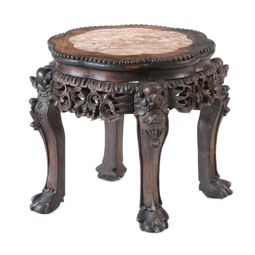 Carved Accent Table with Marble Top
