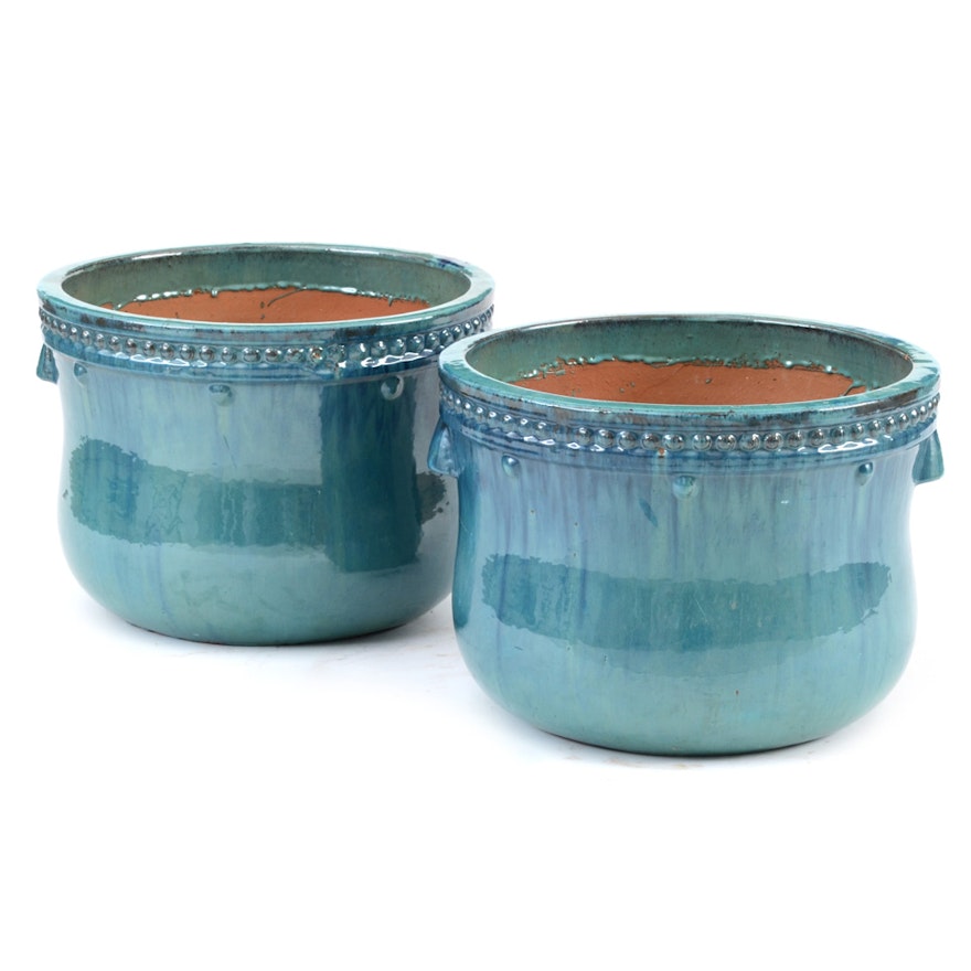 Pair of Large Turquoise Glazed Garden Planters