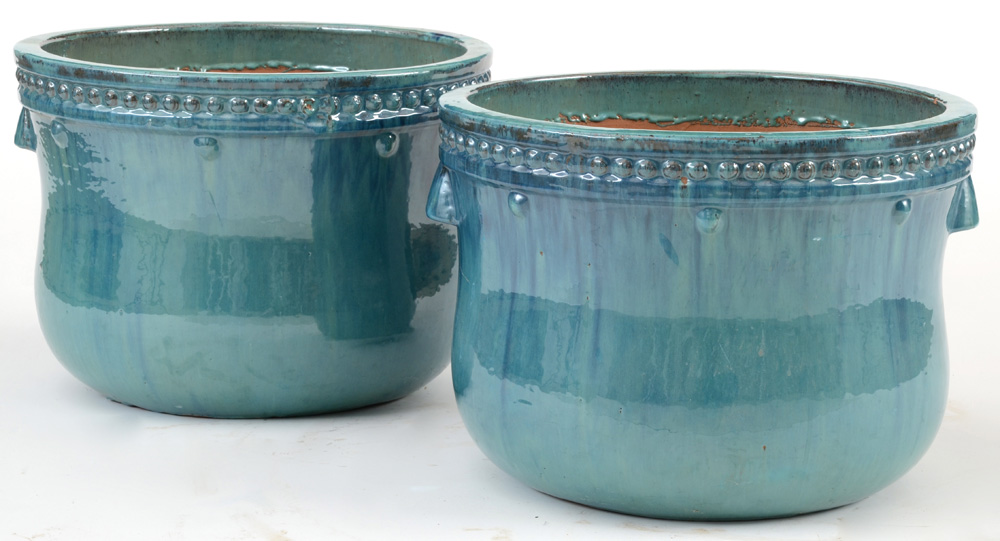 Pair of Large Turquoise Glazed Garden Planters