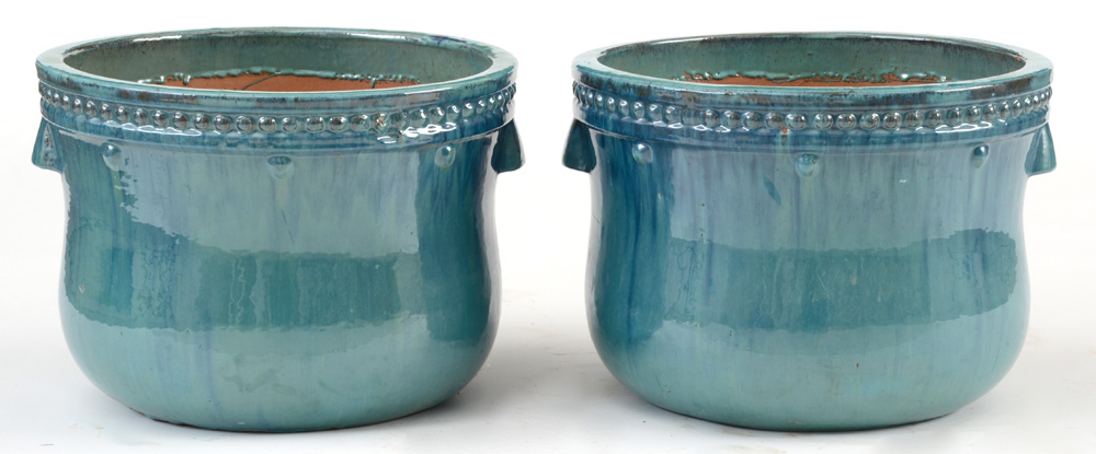 Pair of Large Turquoise Glazed Garden Planters