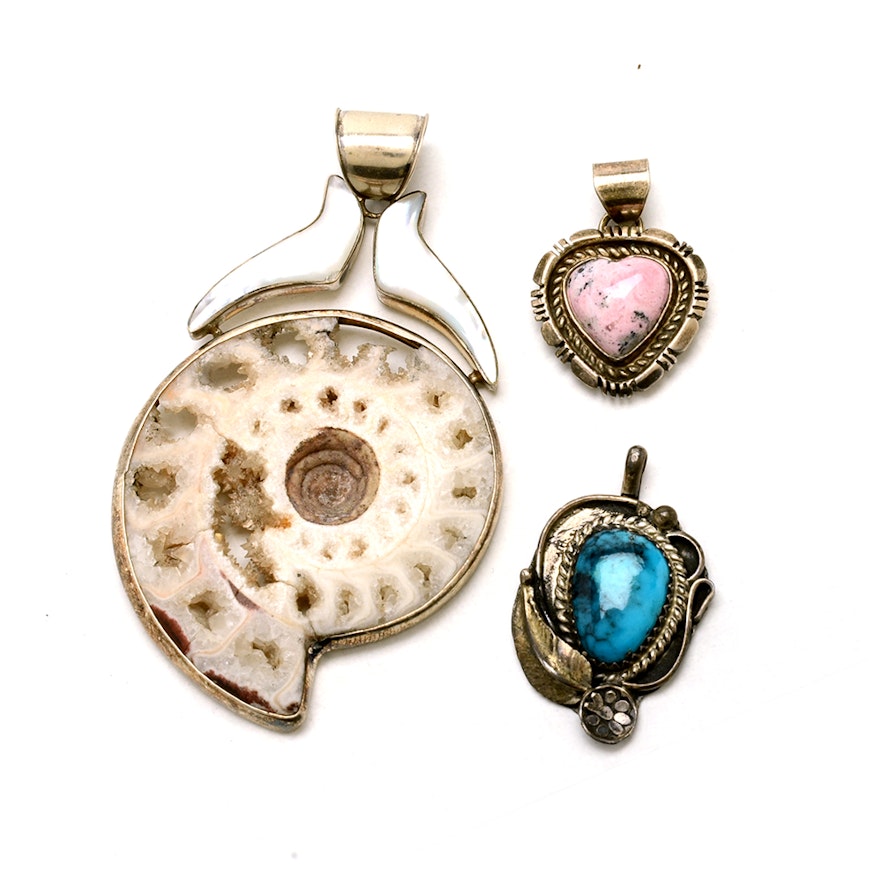 Three Sterling Silver Pendants Including Agatized Ammonite