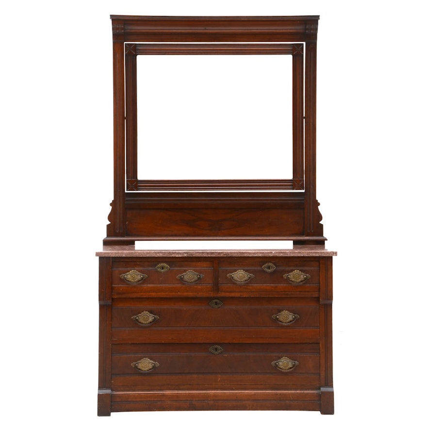 Victorian Steinkamp & Co Walnut Marble Top Dresser with Mirror