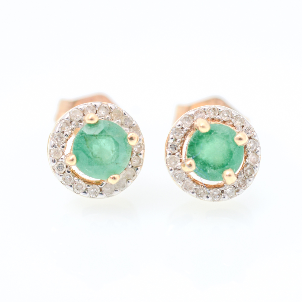 Pair of 14K Yellow Gold, Emerald and Diamond Earrings