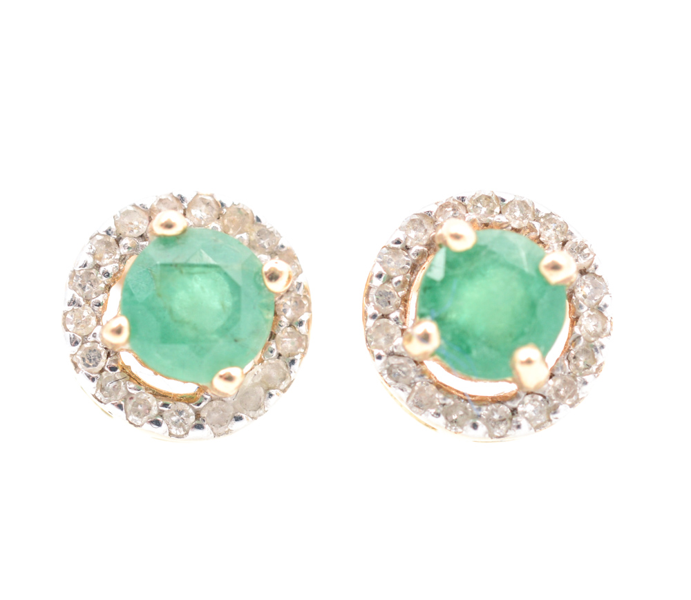Pair of 14K Yellow Gold, Emerald and Diamond Earrings